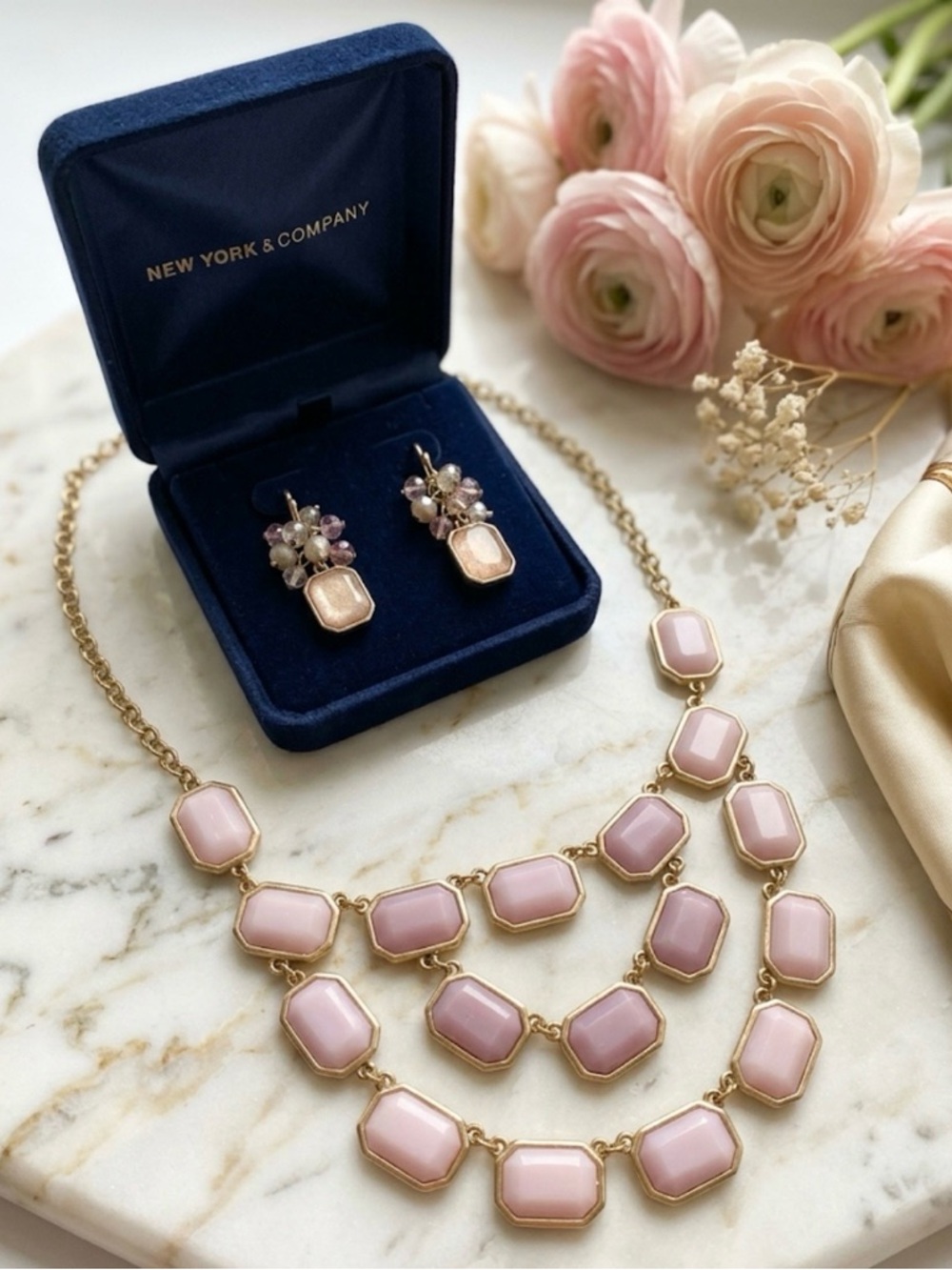 New York & Company Pink Three-Row Statement Necklace with Matching Earrings